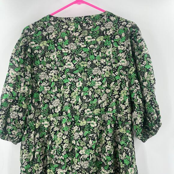 Ellos Dress Size 18 Green Black Floral Print Notch Neck Empire Puff Sleeve Plus - Picture 8 of 15